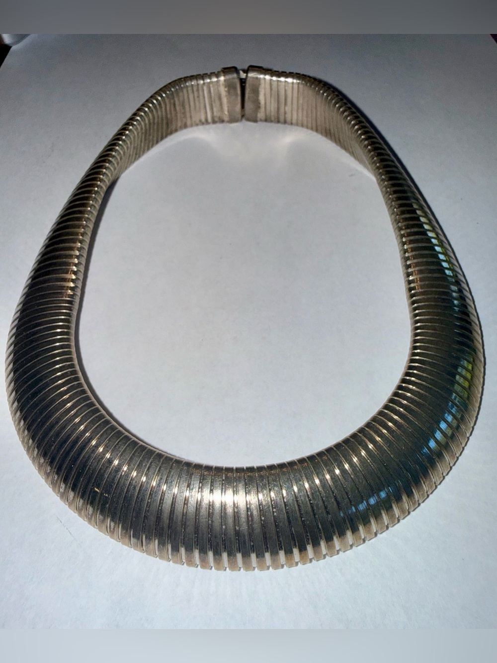 Vintage Chunky Silver Ribbed Flex Choker Collar Necklace 70s #78